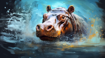 Wall Mural - abstract artistic background with a hippopotamus , in oil paint type design