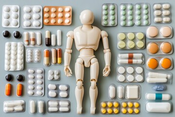 Sticker - Assortment of capsules and pills arranged in a grid with a humanoid figure symbolizing the variety and complexity of pharmaceuticals in healthcare captured in a bright detailed image