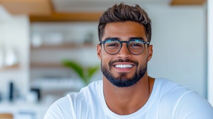 Canvas Print - A man with glasses is smiling and wearing a white shirt. Concept of happiness and positivity