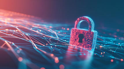 Poster - abstract cyber security concept with a padlock icon, network data and dynamic lines on a light blue 