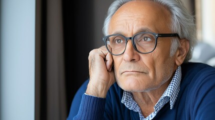 Poster - A man wearing glasses is looking out the window with a sad expression. He is wearing a blue sweater and a blue shirt