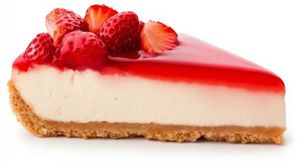 A slice of strawberry cheesecake with a strawberry on top. The cake is red and white. The slice is cut in half