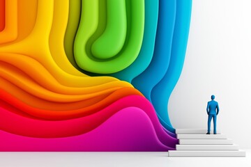 Poster - A man stands on a white step in front of a colorful wall. The wall is made of a rainbow of colors and has a wave-like shape