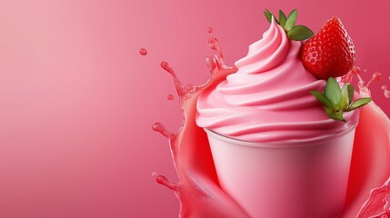 Wall Mural - A pink cupcake with a strawberry on top is surrounded by pink water. The cupcake is the main focus of the image, and the pink water creates a sense of motion and energy