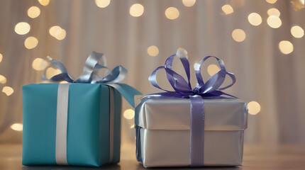 a two gift boxes with blue ribbons and bows on them