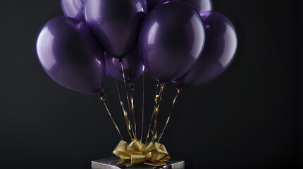 purple balloons are tied to a silver box with a gold bow