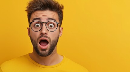 Poster - A man with glasses and a beard is wearing a yellow shirt and has his mouth open. Concept of surprise or shock