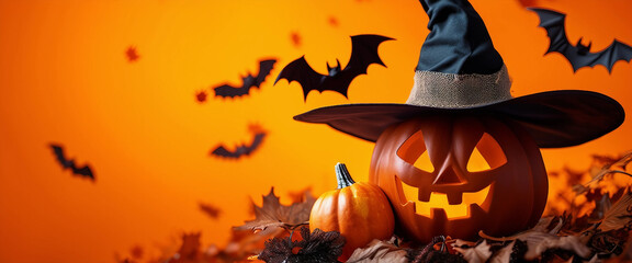 Postcard with Halloween theme featuring bats a witch hat and a banner on an orange background 