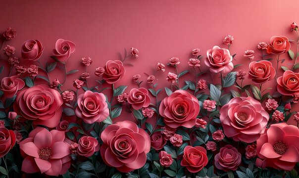 A high-contrast 3D floral composition featuring abstract roses in pink monochrome, bordered neatly with plenty of copy space for text