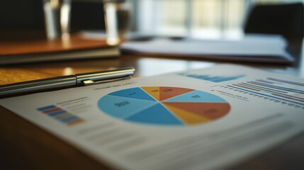 Poster - A close-up of a printed pie chart on a meeting table, surrounded by documents and pens, illustrating data analysis.