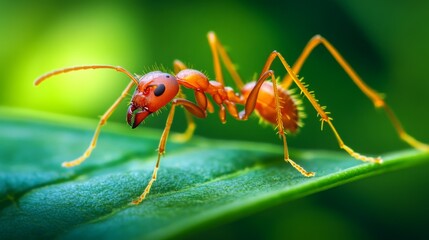 Poster - A close-up of a red ant crawling on a green leaf, showcasing its detailed body structure and legs.
