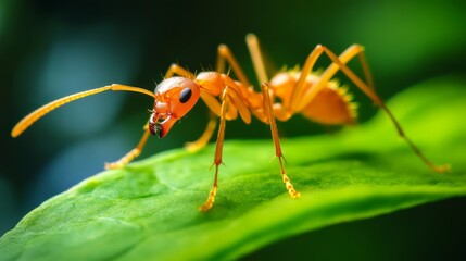 Poster - A close-up of a red ant crawling on a green leaf, showcasing its detailed body structure and legs.