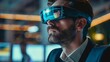 © ifoto - A business man putting on smart glasses, close up shot, futuristic office background, hyperrealistic