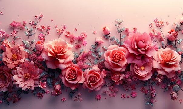 A high-contrast 3D floral composition featuring abstract roses in pink monochrome, bordered neatly with plenty of copy space for text