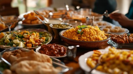 Poster - A close-up of a table filled with Thai and Indian favorites, including green curry, samosas, and mango sticky rice, ready to be enjoyed.