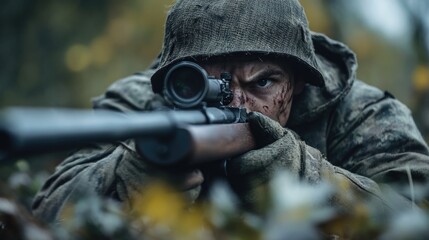 World War II Sniper Taking Aim with Long-Range Rifle in Position for Targeting Enemy Forces