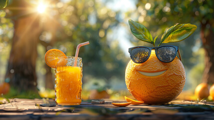 Wall Mural - A vibrant, photorealistic scene of an orange wearing cool sunglasses, enjoying a glass of orange juice with a straw on a picnic table with a scenic park background