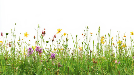 Wall Mural - Closeup panorama banner of a meadow with green grass and wild flowers isolated on a white background