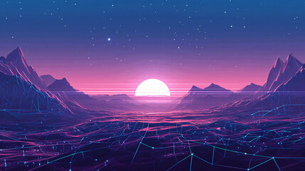 Poster - A vibrant digital landscape featuring a low-poly mountain range and a rising sun against a gradient sky, evoking a futuristic and imaginative atmosphere.