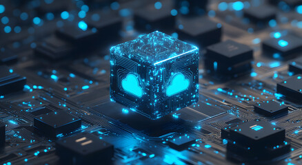 Blue Glowing Data Cube Floating Over an Array of Digital Circuits