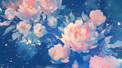 Poster - A stunning floral illustration featuring soft pink peonies against a dark blue background, creating a beautiful contrast and artistic feel.