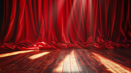 Poster - A dramatic scene featuring rich red curtains draped elegantly over a wooden stage, illuminated by soft light, creating an inviting atmosphere for performances.