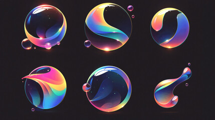 Poster - A collection of colorful, glossy bubbles with a rainbow effect against a dark background, showcasing a playful and vibrant aesthetic.