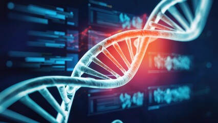 Poster - Abstract rotating DNA molecule on a futuristic background with blurred data visuals