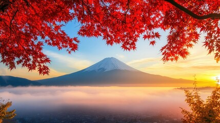 Canvas Print - Mountain Fuji in the distance with a colorful autumn foreground, featuring red leaves and gentle morning fog for a tranquil view