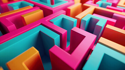 Poster - A colorful 3D maze made of vivid pink, blue, and orange blocks, creating a playful and engaging visual experience.