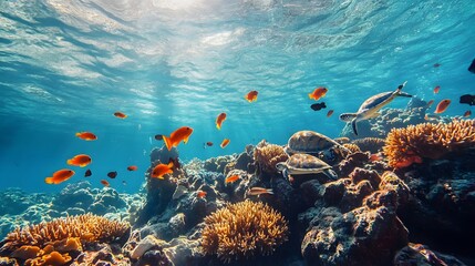 A fascinating underwater world, filled with colorful corals and exotic tropical fish. This beautiful view creates a stunning natural harmony, offering beauty and tranquility