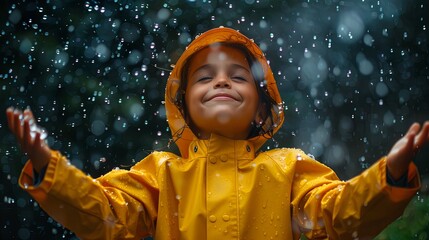 A young child wearing a yellow raincoat is enjoying the rain and feeling happy