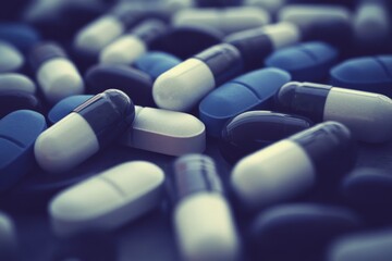 Wall Mural - Blue and grey capsules in soft focus illustrating the calm yet potent effects of modern pharmaceuticals