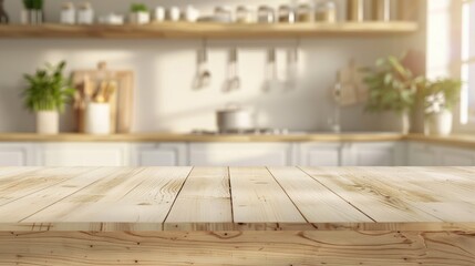 Wall Mural - White table and wood desk with blurred light for product display and kitchen banner