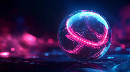 Sticker - Futuristic abstract neon energy ball with glowing magical waves on dark background 