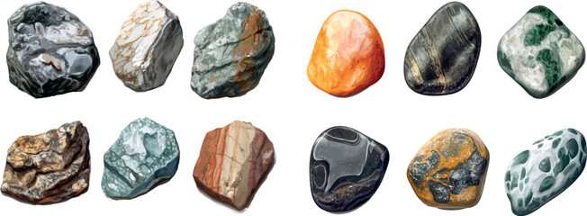 Isolated  stones, mountain boulders different shapes volcanic basalt stones granite rocks rubble.