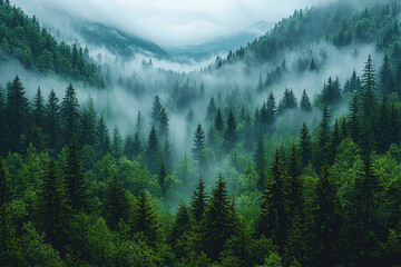 Panoramic view of forest with morning fog