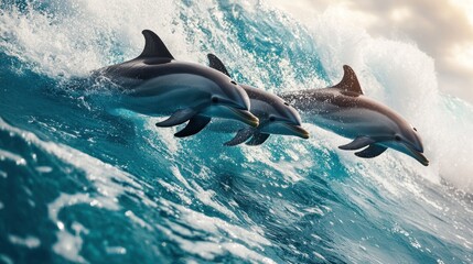 Dolphins Jumping Through Waves