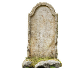 old tombstone isolated on white background. ancient head stone signboard cut out