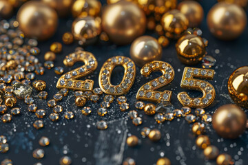 Wall Mural - 2025 gold jewel numbers, new year gemstones, diamond greeting card, gem celebrate banner