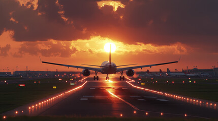 A plane is landing on the runway at an airport as the sun sets. --ar 16:9 --v 6.1 Job ID: caac2cea-7d1b-420c-a6f9-8758ec12b344