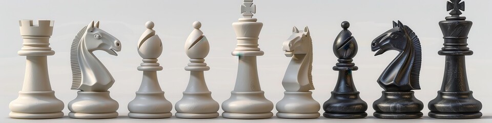 Wall Mural - Chess Pieces - All 3D Illustration of White and Black Chess Game for Strategy Play