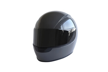 High-resolution image of a modern, black full-face motorcycle helmet with a reflective visor, isolated on a transparent background.