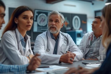 A group of medical professionals gather around a table for a meeting, discussing patient care and treatment options.