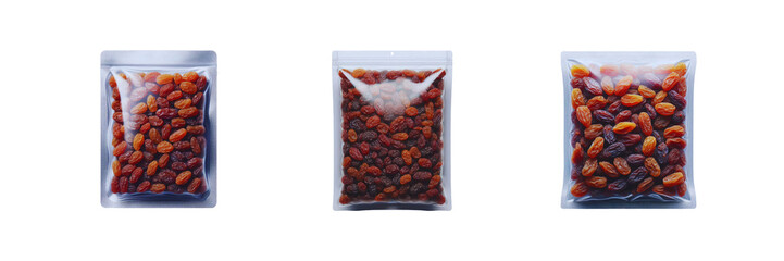 Wall Mural - Set of pack of Dried raisins in transparent Packaging, isolated over on transparent white background