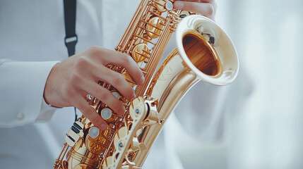 Close-up of hands playing a saxophone with a white background