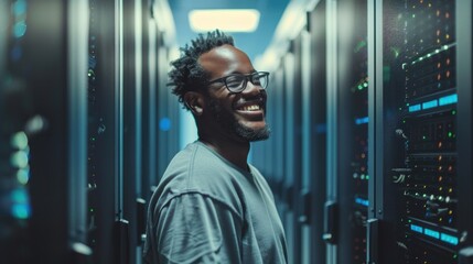 Poster - A happy IT professional poses for the camera in a well-organized server room