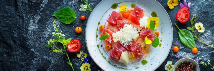 Wall Mural - Tuna Fillet, Parmesan Cheese and Tomato Water Jelly Top View, Molecular Dish, Fish on Restaurant Plate