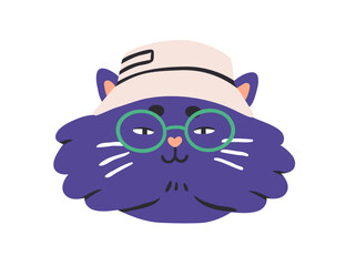 Poster - Cute cat character in glasses and panama hat. Adorable funny smart anthropomorphic feline animal, comic face portrait, head avatar. Modern flat vector illustration isolated on white background