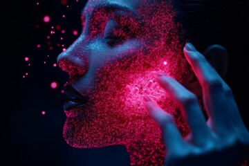 Poster - Captivating Portrait of a Robot with Neon Pink Particles Illustrating the Artistic Side of Technology.